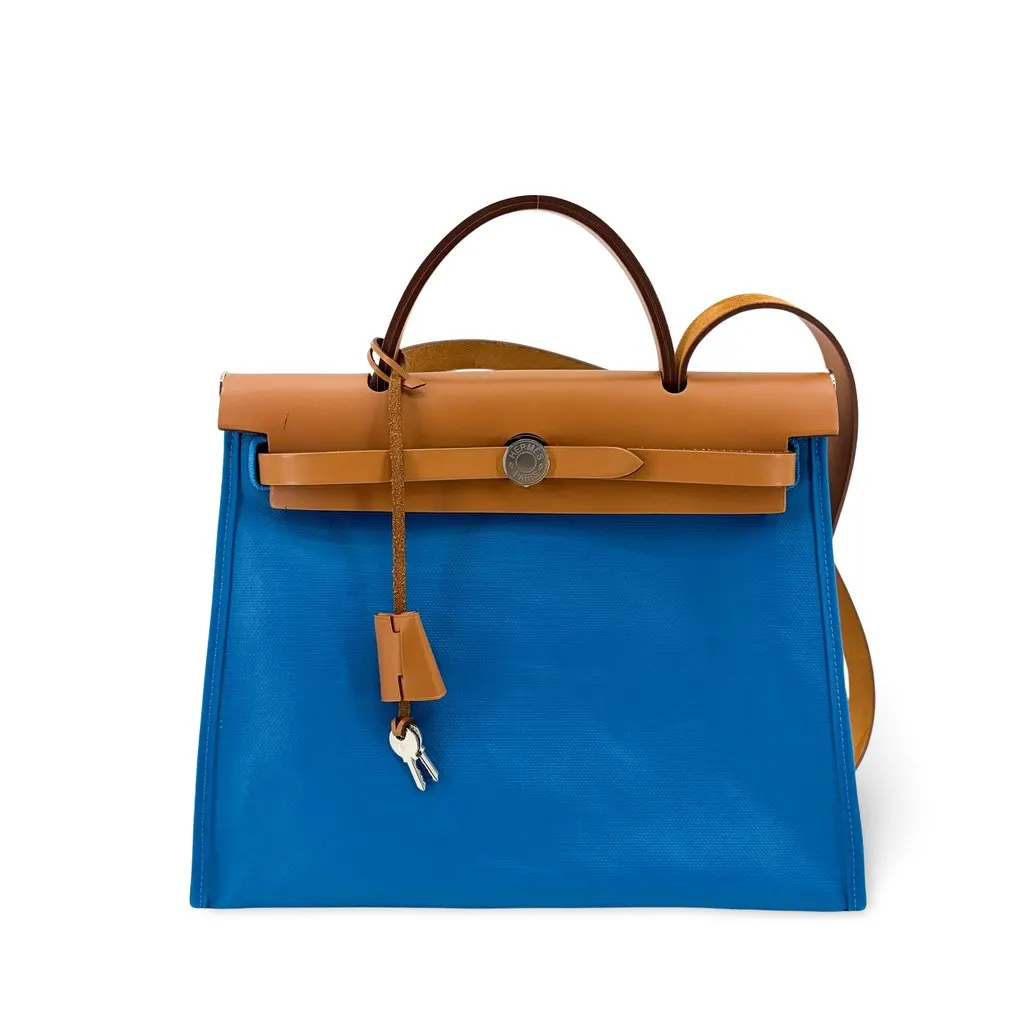 Hermès Herbag Zip 31 Blue Gold Silver Hardware Blue Canvas Very good - Front View