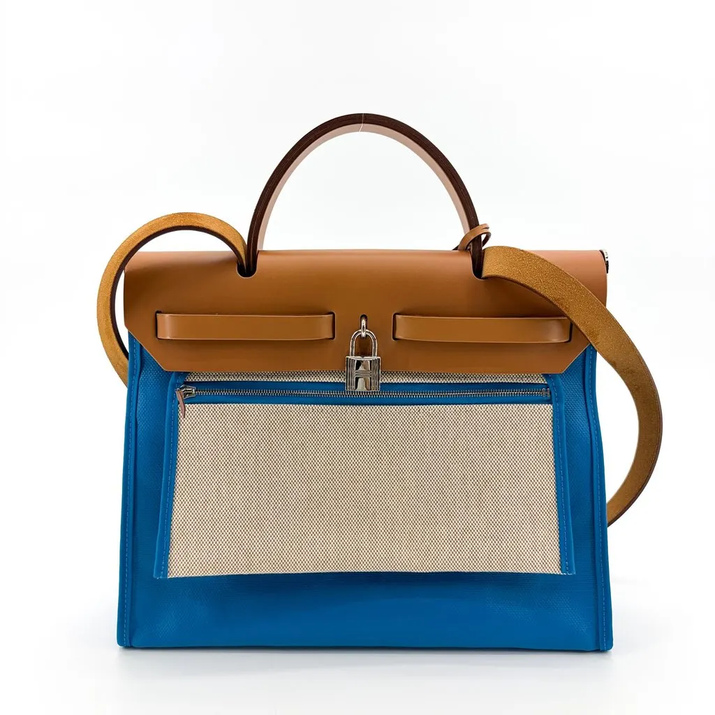 Hermès Herbag Zip 31 Blue Gold Silver Hardware Blue Canvas Very good - Back View