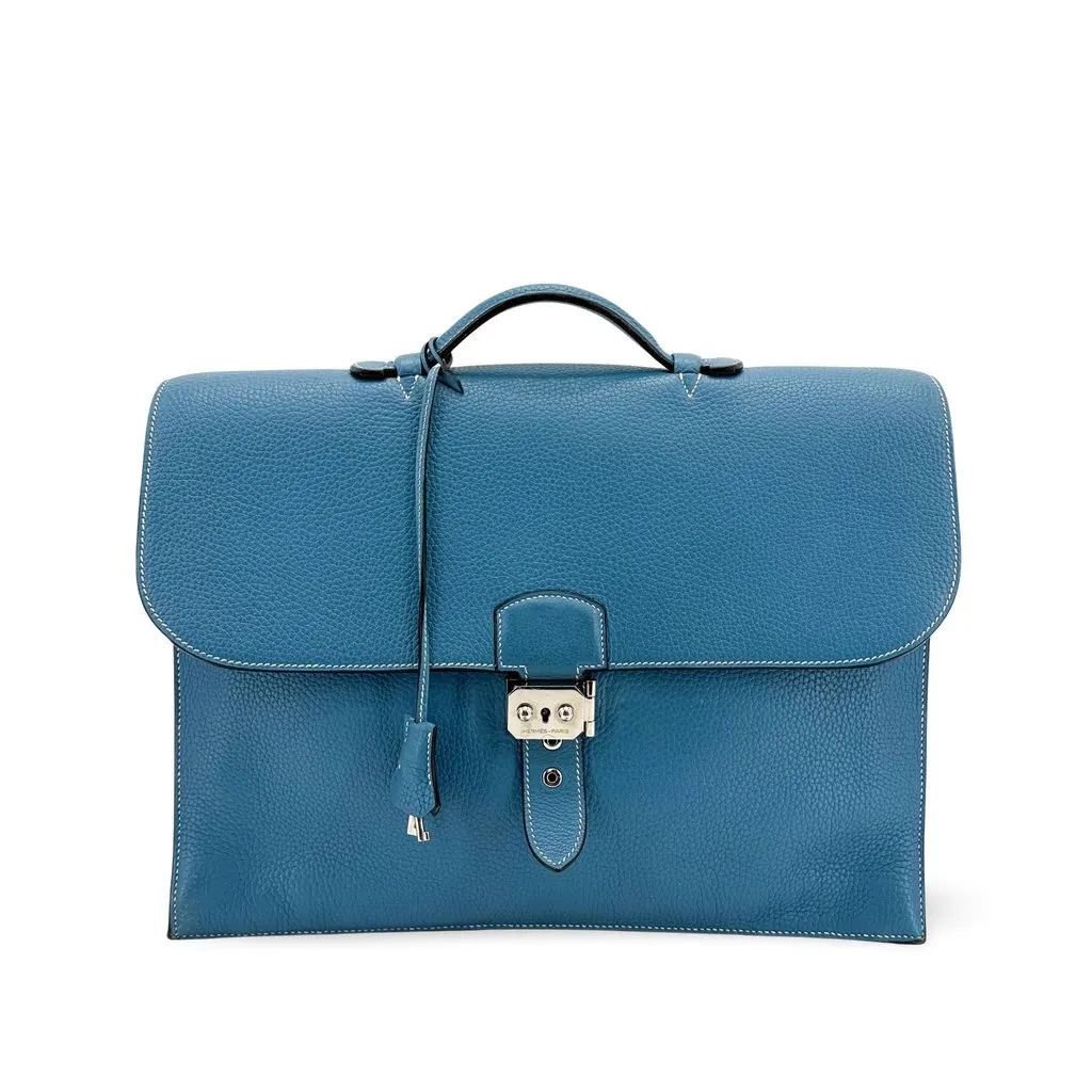 Hermès Sac à Dépèche 38 Blue Jeans Togo Silver Blue Leather Good - Front View
