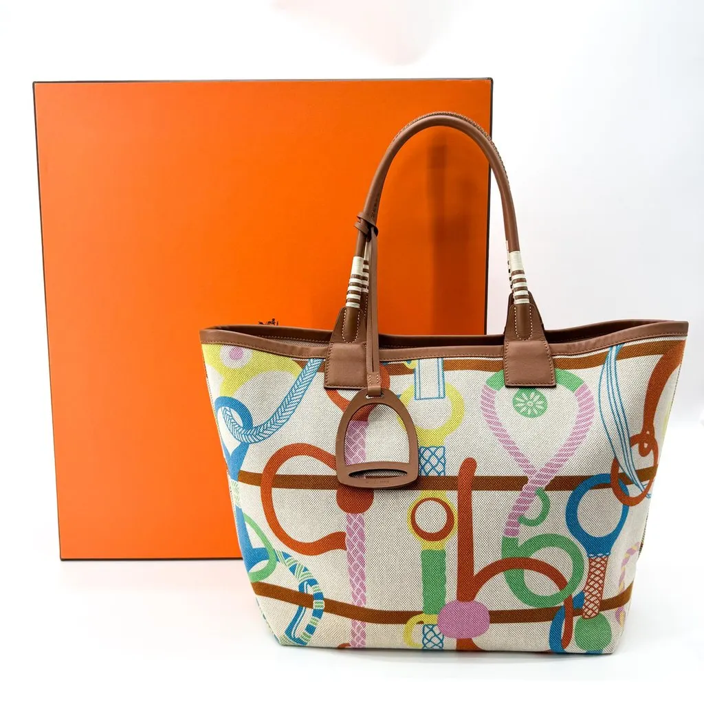 Hermès Steeple 36 Fantaisie d'Etriers Tote Bag Multicolor Brown Beige Canvas Very good - Back View