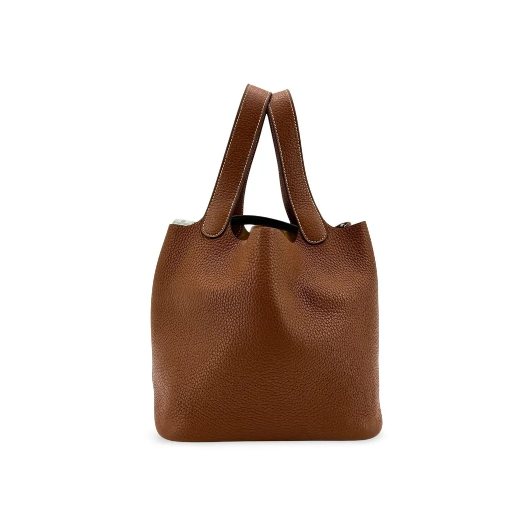 Hermès Picotin Lock 18 PM Gold Clemence Silver Hardware Brown Leather Very good - Front View