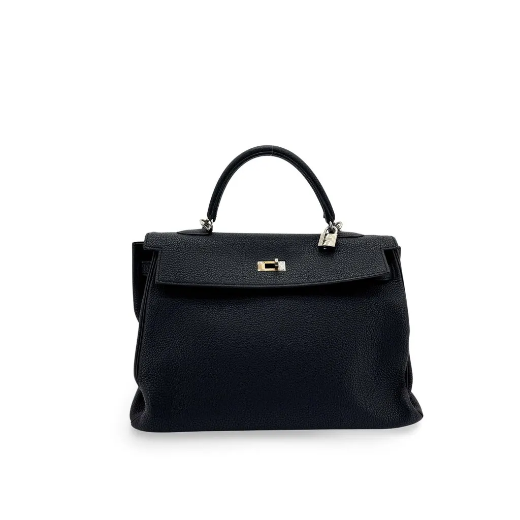Hermès Kelly 32 Togo Silver Hardware Black Black Leather Good - Front View