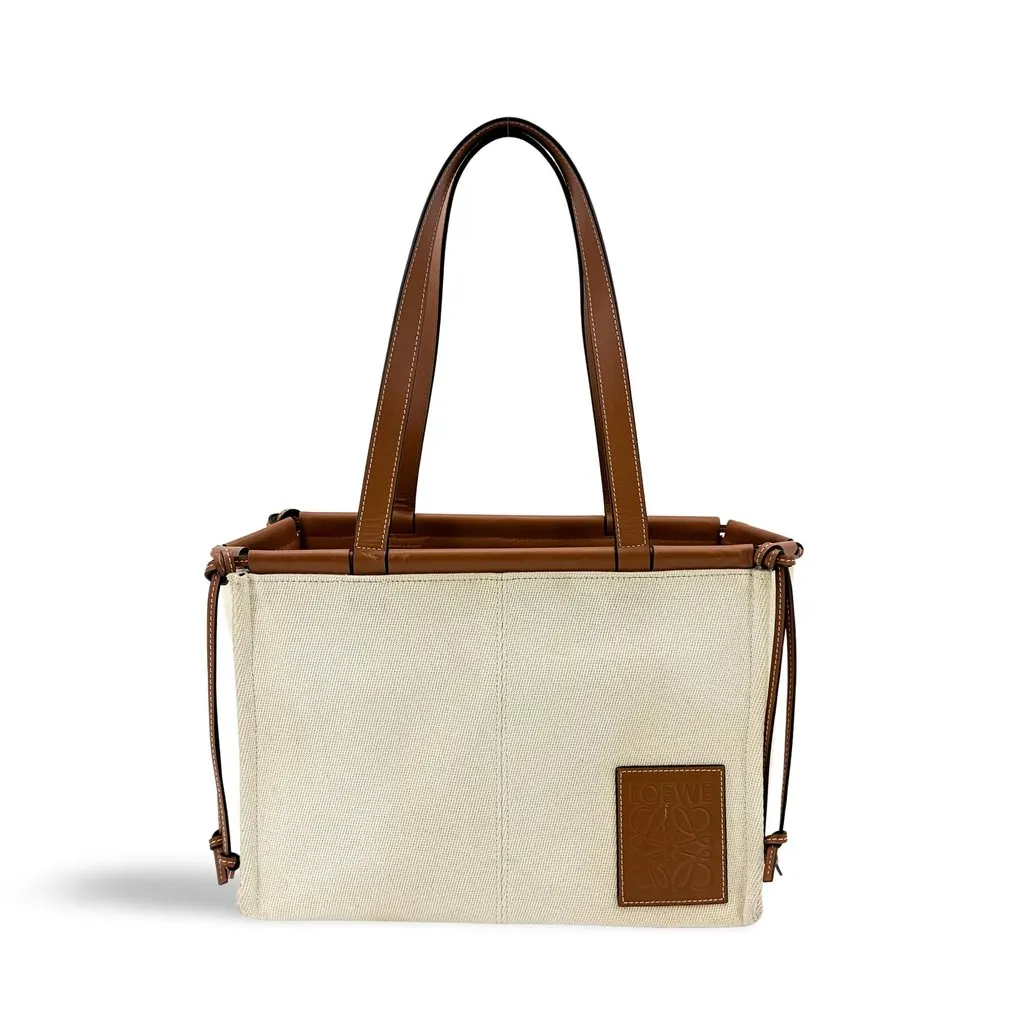 Loewe Small Cushion Tote Bag Ecru Tan Beige Canvas Good - Front View
