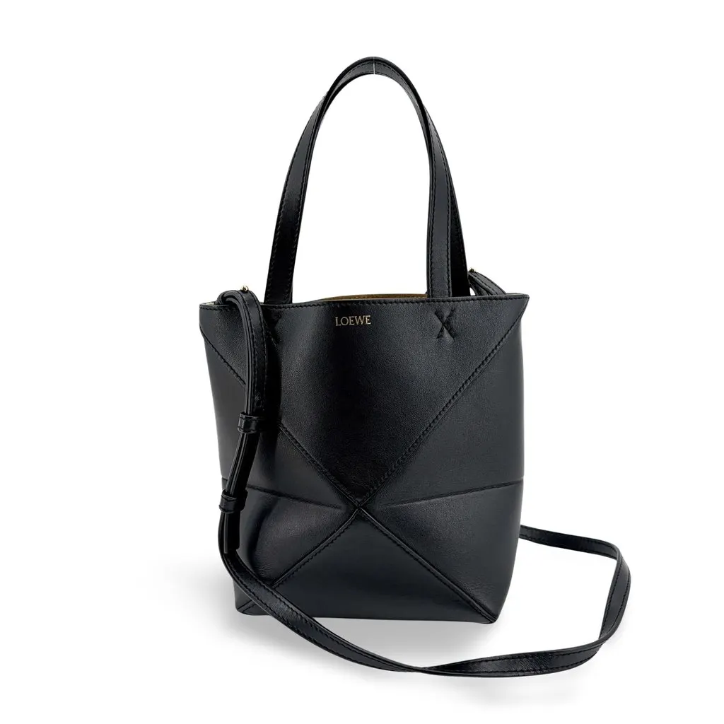 Loewe Mini Puzzle Fold Tote Bag Shiny Calfskin Black Black Leather Very good - Front View
