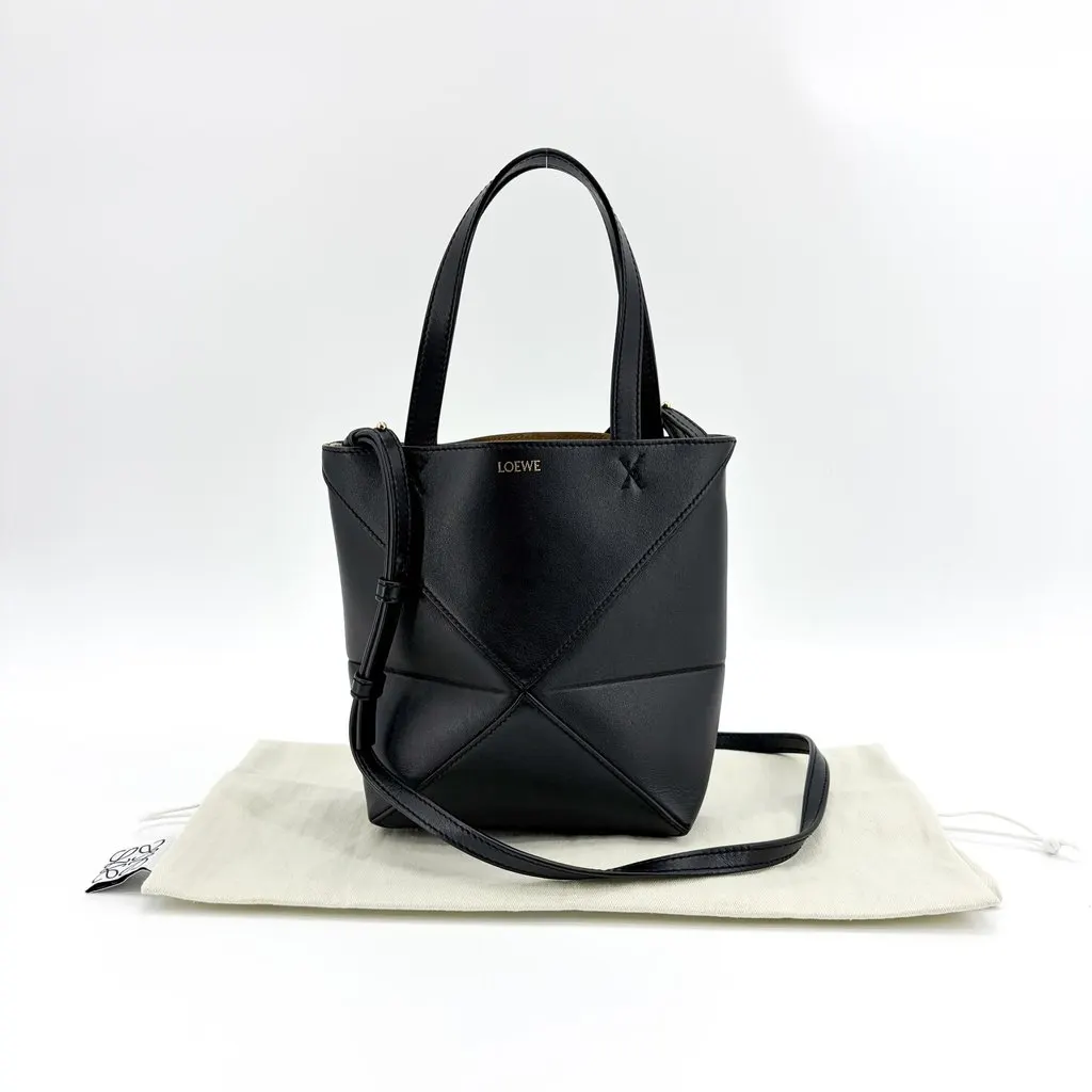 Loewe Mini Puzzle Fold Tote Bag Shiny Calfskin Black Black Leather Very good - Back View
