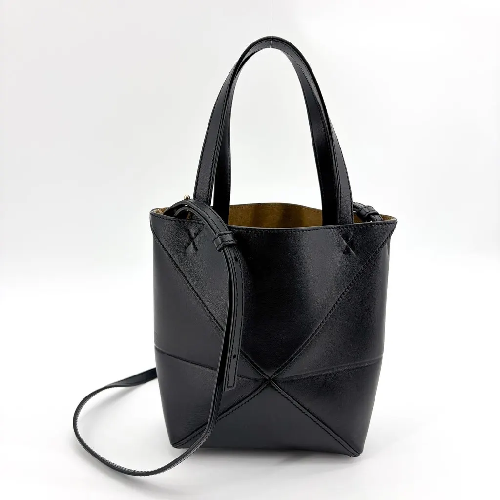 Loewe Mini Puzzle Fold Tote Bag Shiny Calfskin Black Black Leather Very good - Inside View