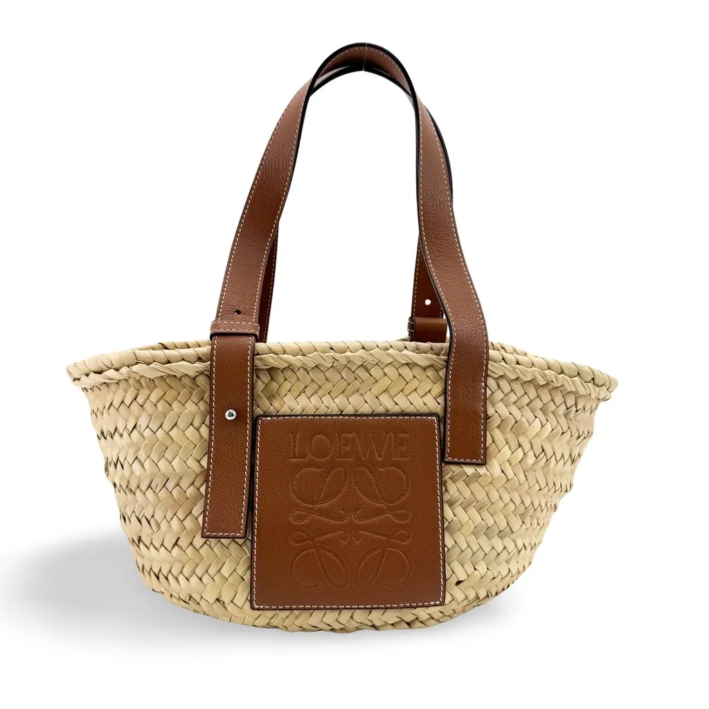 Loewe Small Basket Bag in Palm Leaf and Calfskin Natural Tan Beige Leather Very good - Front View