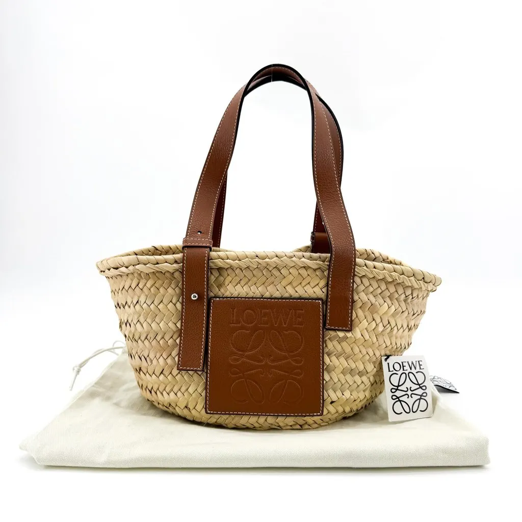 Loewe Small Basket Bag in Palm Leaf and Calfskin Natural Tan Beige Leather Very good - Back View