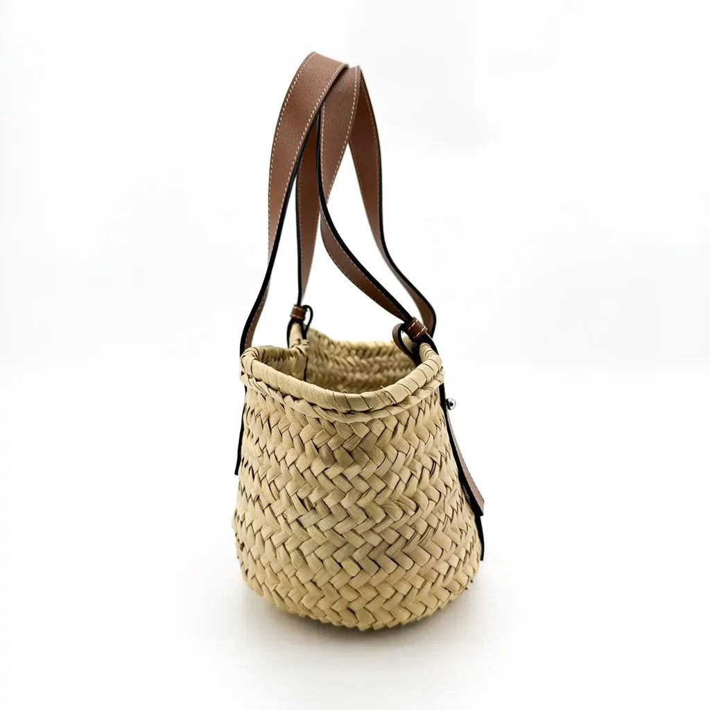 Loewe Small Basket Bag in Palm Leaf and Calfskin Natural Tan Beige Leather Very good - Box View