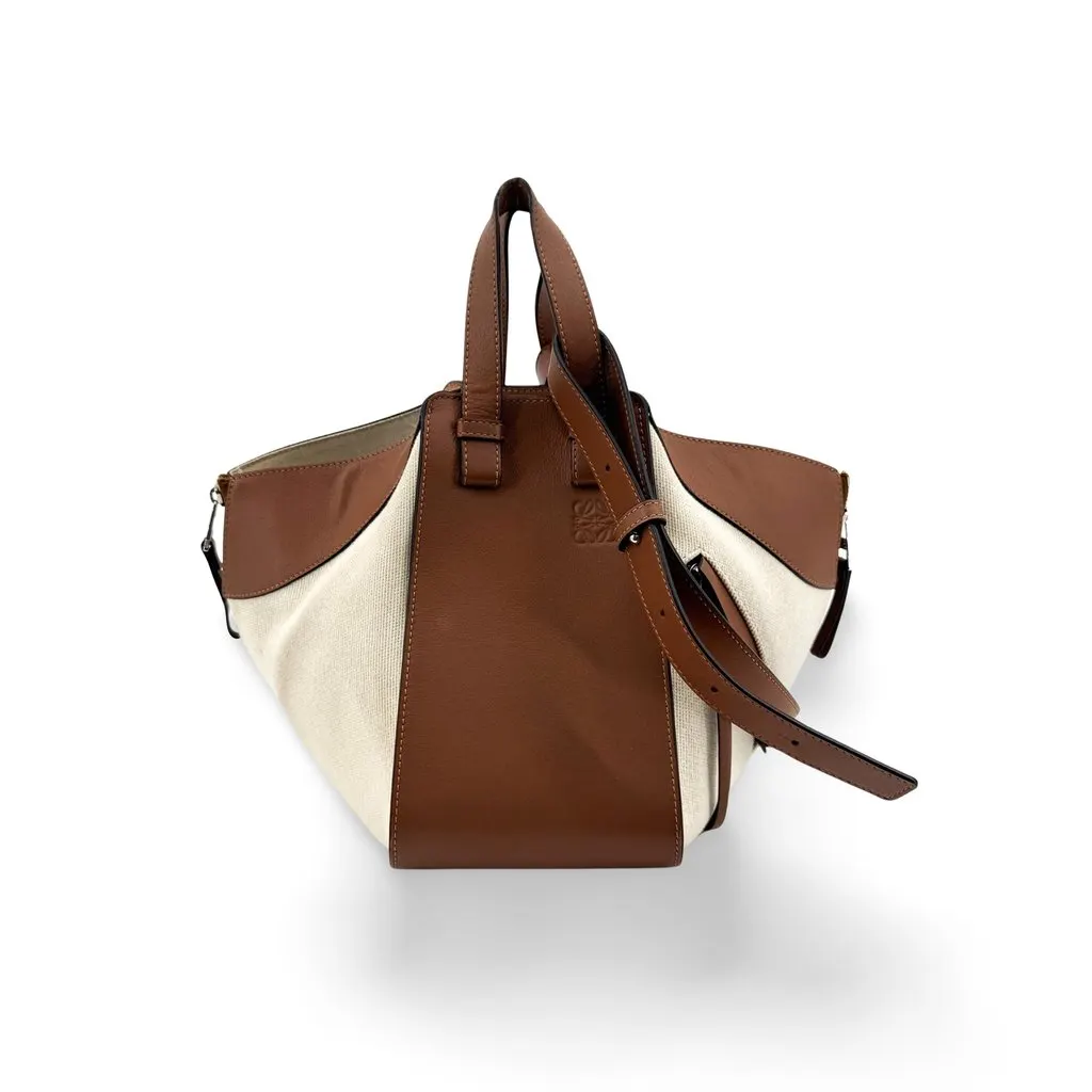 Loewe Small Hammock Bag in Canvas and Classic Calfskin Tan Ecru Beige Canvas Good - Front View