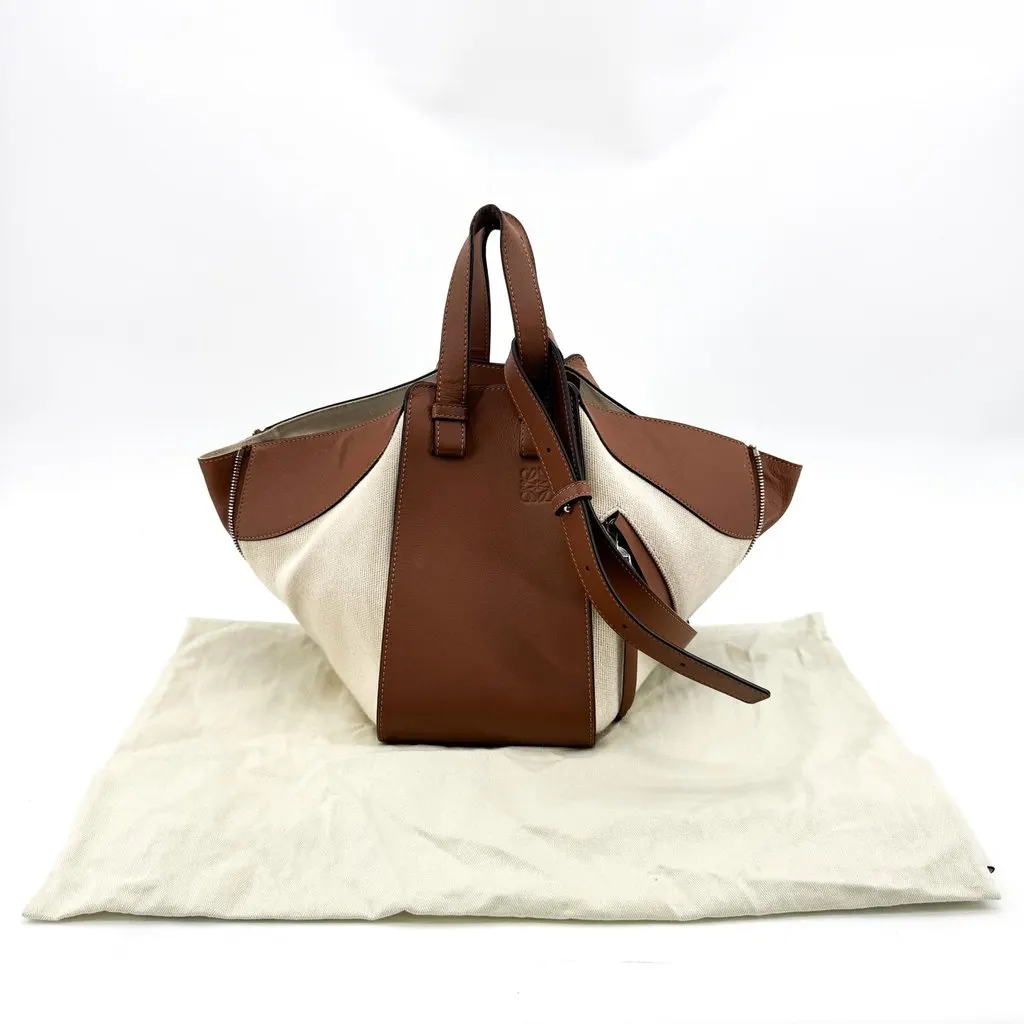 Loewe Small Hammock Bag in Canvas and Classic Calfskin Tan Ecru Beige Canvas Good - Back View