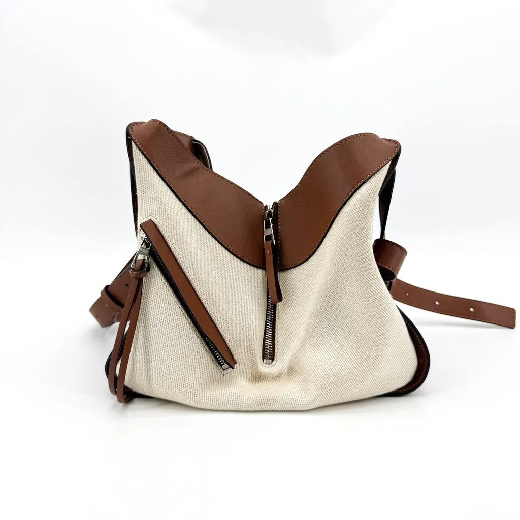 Loewe Small Hammock Bag in Canvas and Classic Calfskin Tan Ecru Beige Canvas Good - Model View