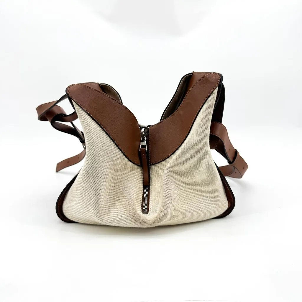 Loewe Small Hammock Bag in Canvas and Classic Calfskin Tan Ecru Beige Canvas Good - Box View