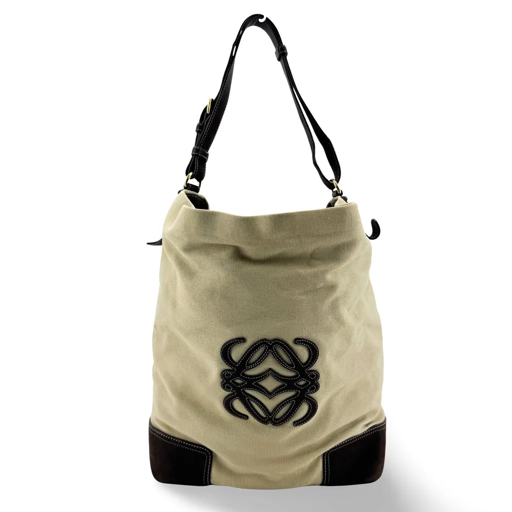 Loewe Anagram Canvas Shoulder Bag Beige Black Beige Canvas Good - Front View