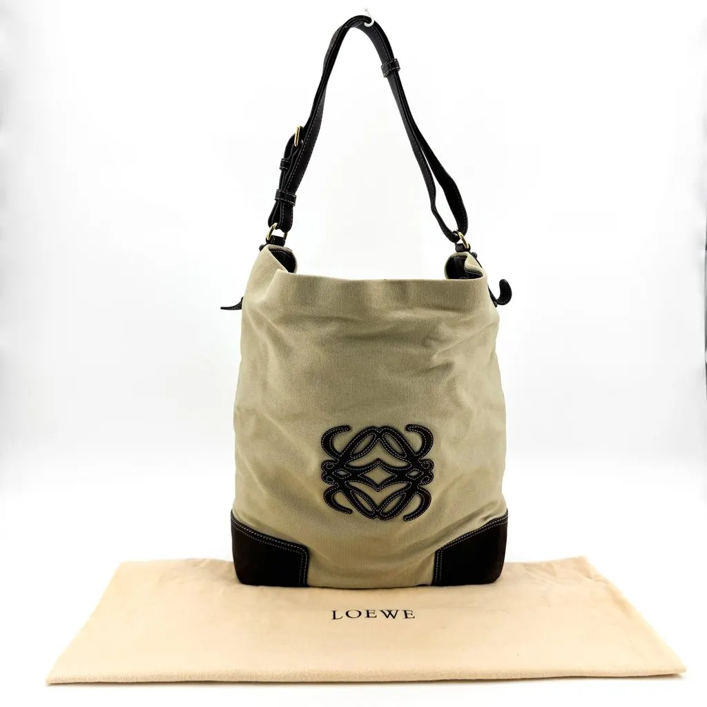 Loewe Anagram Canvas Shoulder Bag Beige Black Beige Canvas Good - Back View