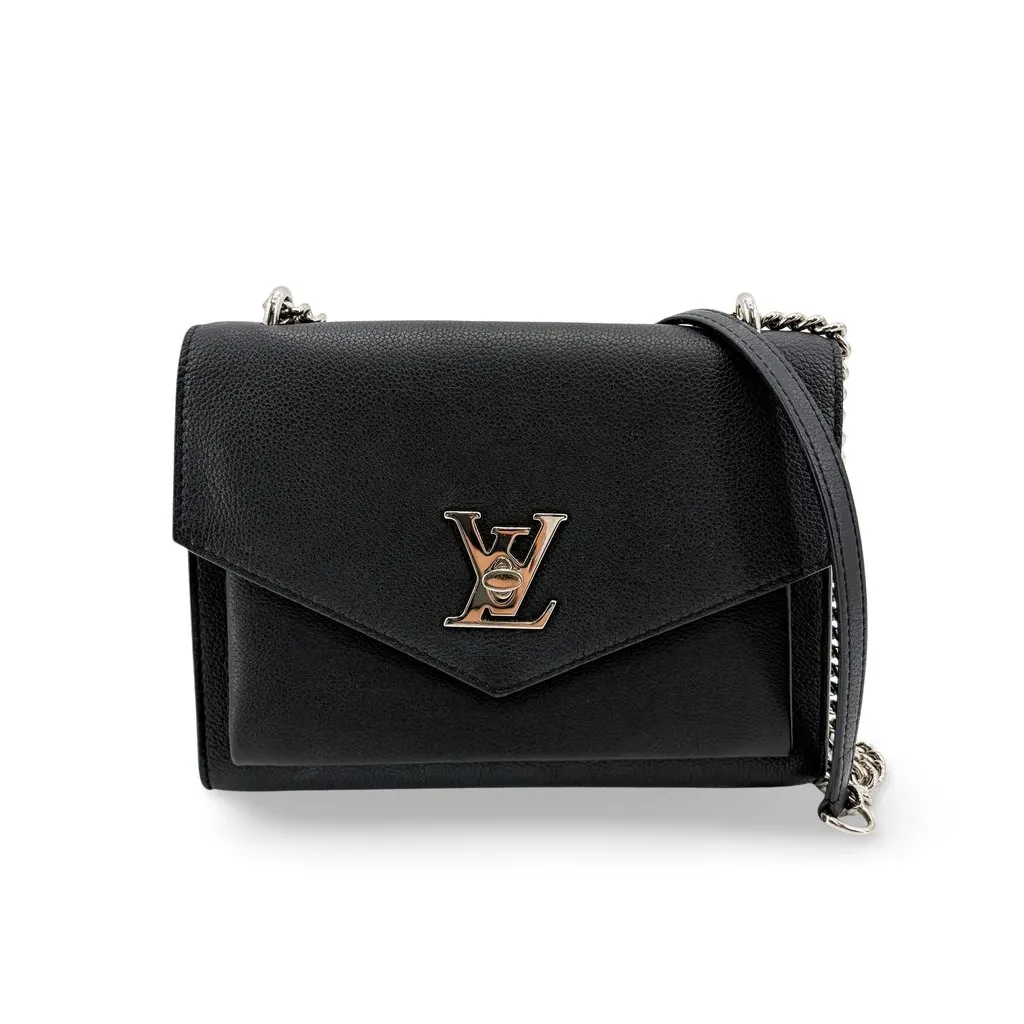 Louis Vuitton My Lockme Chain Shoulder Bag Black Silver Hardware Black Leather Good - Front View