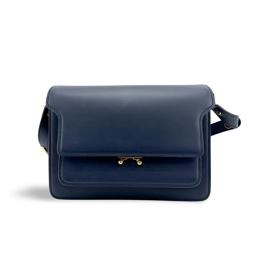 Marni Medium Trunk Shoulder Bag Navy Gold Hardware Navy Leather Good - Front View