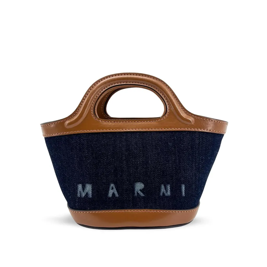 Marni Tropicalia Micro Denim Tote Bag Navy Brown Brown Denim Good - Front View