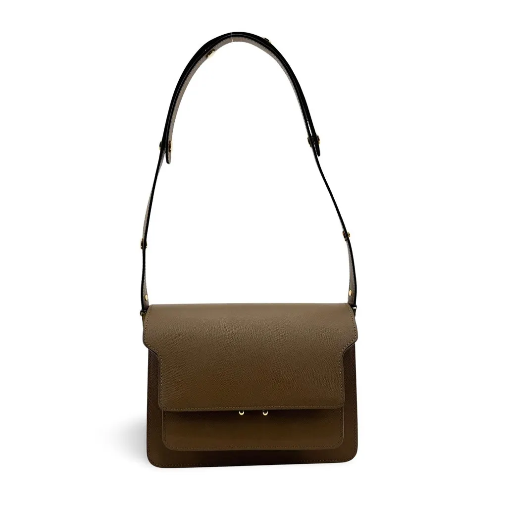 Marni Trunk Saffiano Shoulder Bag Medium Khaki Brown Brown Leather Very good - Front View