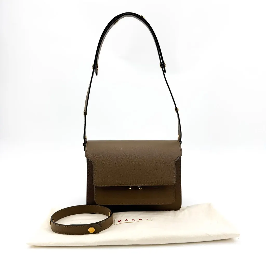 Marni Trunk Saffiano Shoulder Bag Medium Khaki Brown Brown Leather Very good - Back View