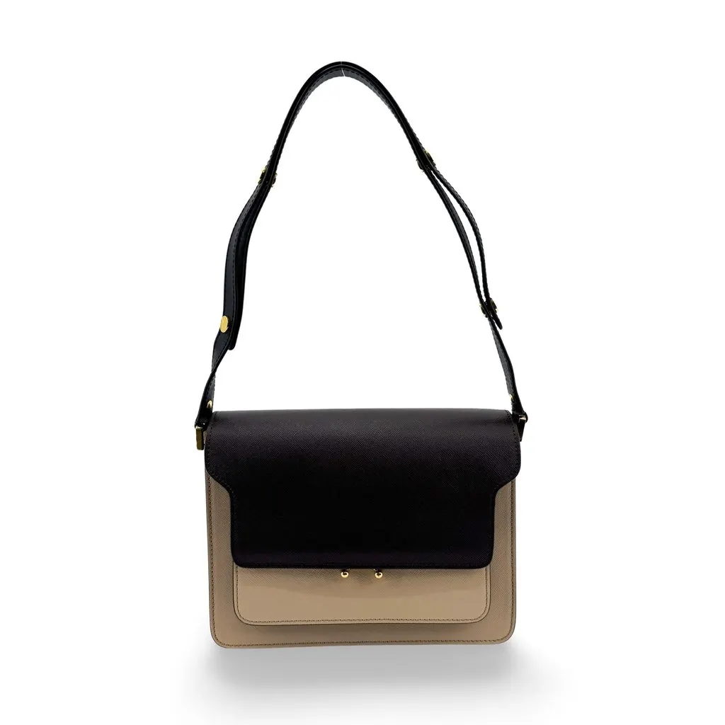 Marni Saffiano Medium Trunk Bag Black Beige Beige Leather Good - Front View