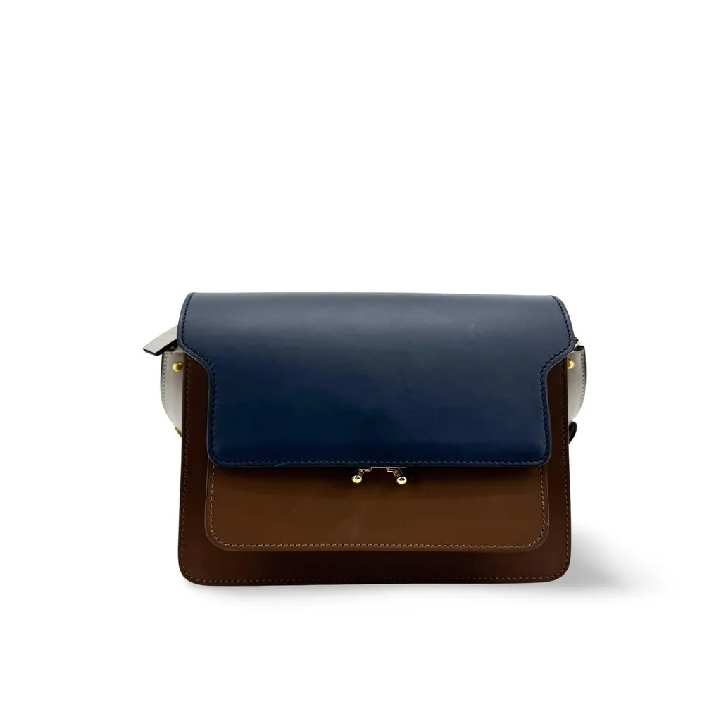 Marni Medium Trunk Shoulder Bag Navy Brown Brown Leather Good - Front View