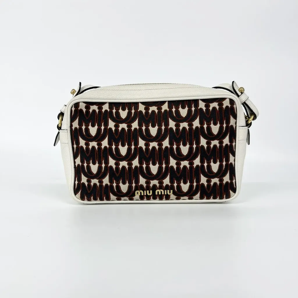 Miu Miu Logo print jacquard and leather shoulder bag Red Jacquard Good - Back View