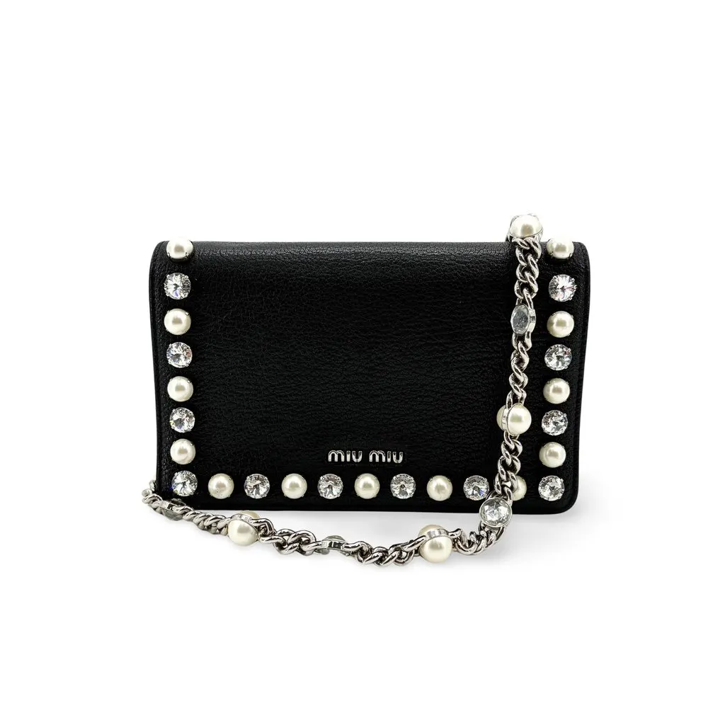 Miu Miu Madras Leather Crystal Pearl Shoulder Bag Black Silver MultiColor Leather Good - Front View