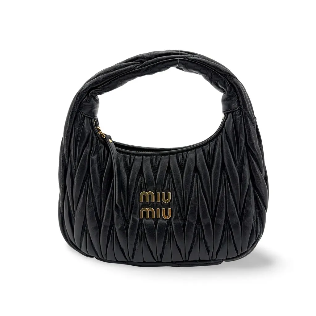 Miu Miu Matelassé Napa Leather Small Hobo Bag Black Black Leather Very good - Front View
