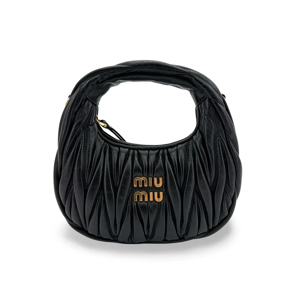 Miu Miu Wander Matelassé Napa Leather Mini Hobo Bag Black Black Leather Very good - Front View