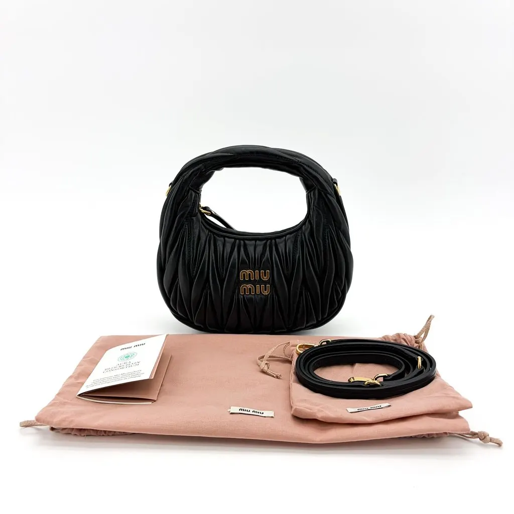 Miu Miu Wander Matelassé Napa Leather Mini Hobo Bag Black Black Leather Very good - Back View