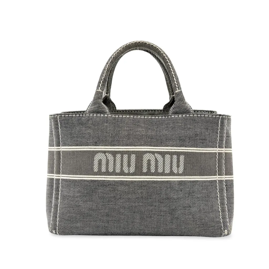 Miu Miu Black Logo Print Denim Tote Bag Black Denim Good - Front View