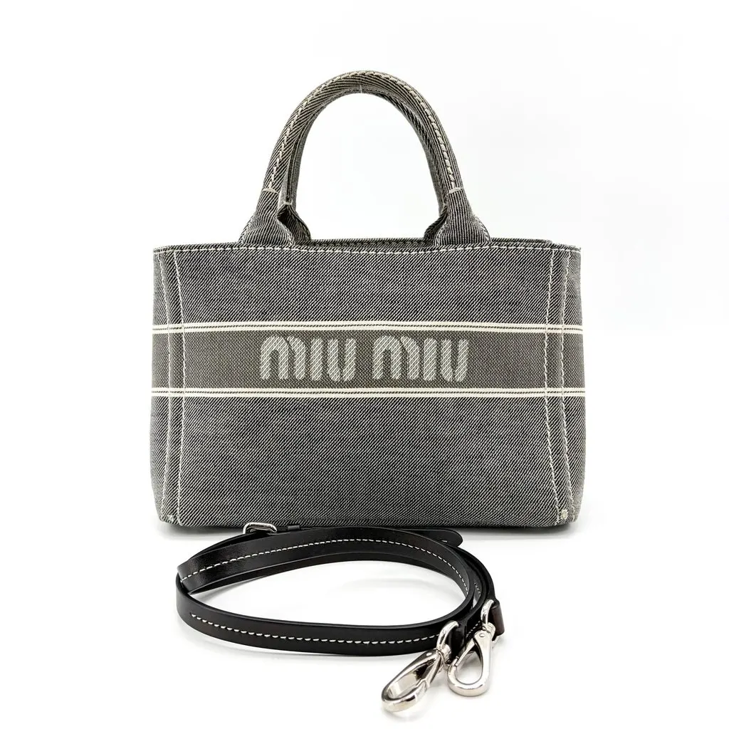 Miu Miu Black Logo Print Denim Tote Bag Black Denim Good - Back View