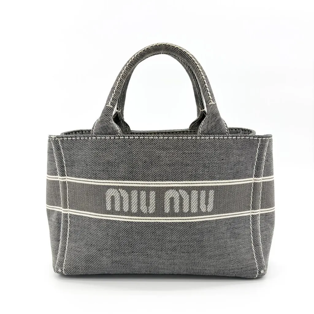 Miu Miu Black Logo Print Denim Tote Bag Black Denim Good - Inside View