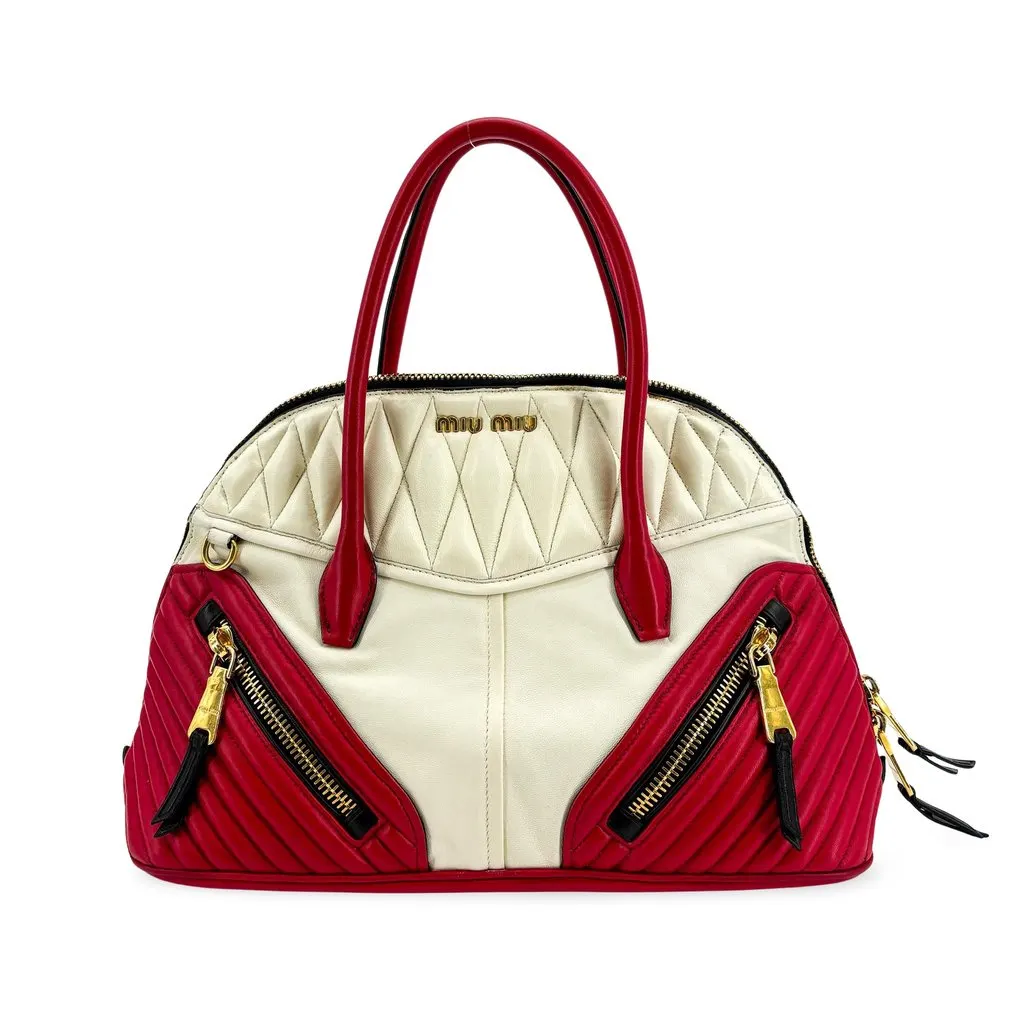 Miu Miu Biker Matelasse Two-Tone Dome Bag Red White Red Leather Good - Front View