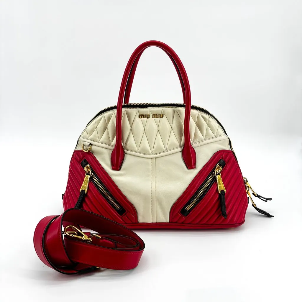 Miu Miu Biker Matelasse Two-Tone Dome Bag Red White Red Leather Good - Back View