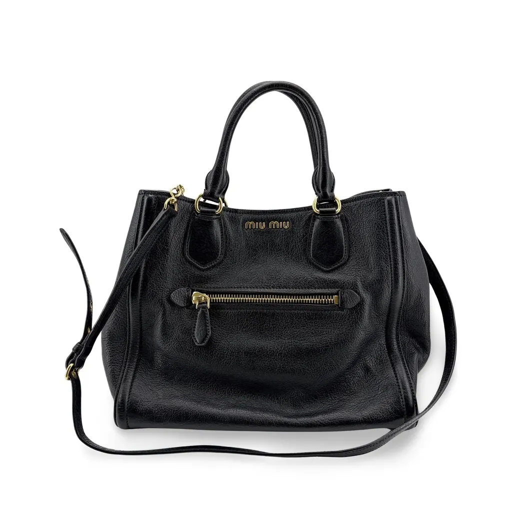 Miu Miu Vitello Phenix 2WAY Tote Bag Black Black Leather Fair - Front View