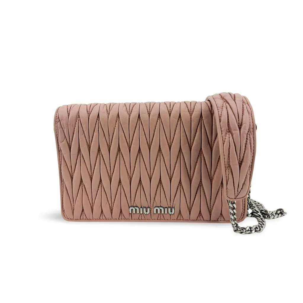Miu Miu Matelasse Leather Chain Shoulder Bag Pink Pink Leather Good - Front View