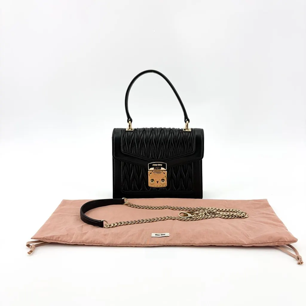 Miu Miu Matelasse Leather Top Handle Bag Black Black Leather Good - Back View