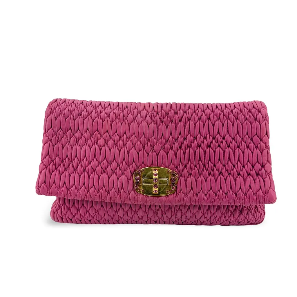 Miu Miu Matelasse Coquet Crystal Lock Clutch Bag Pink Pink Leather Good - Front View