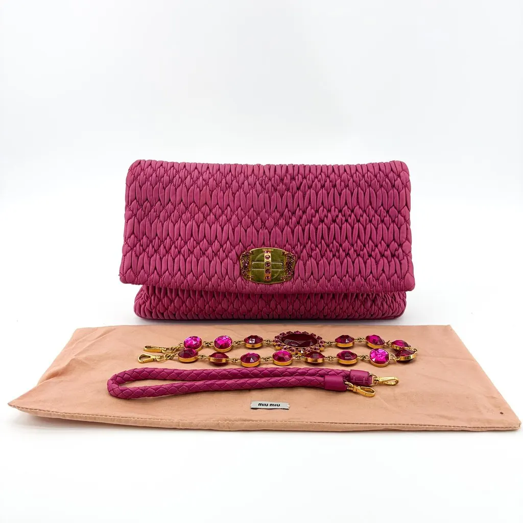 Miu Miu Matelasse Coquet Crystal Lock Clutch Bag Pink Pink Leather Good - Back View