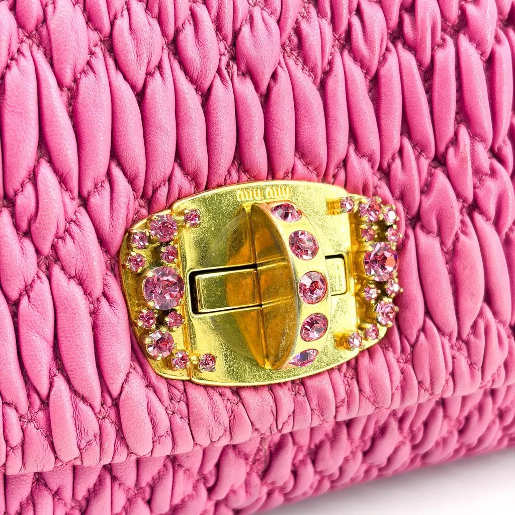 Miu Miu Matelasse Coquet Crystal Lock Clutch Bag Pink Pink Leather Good - Box View