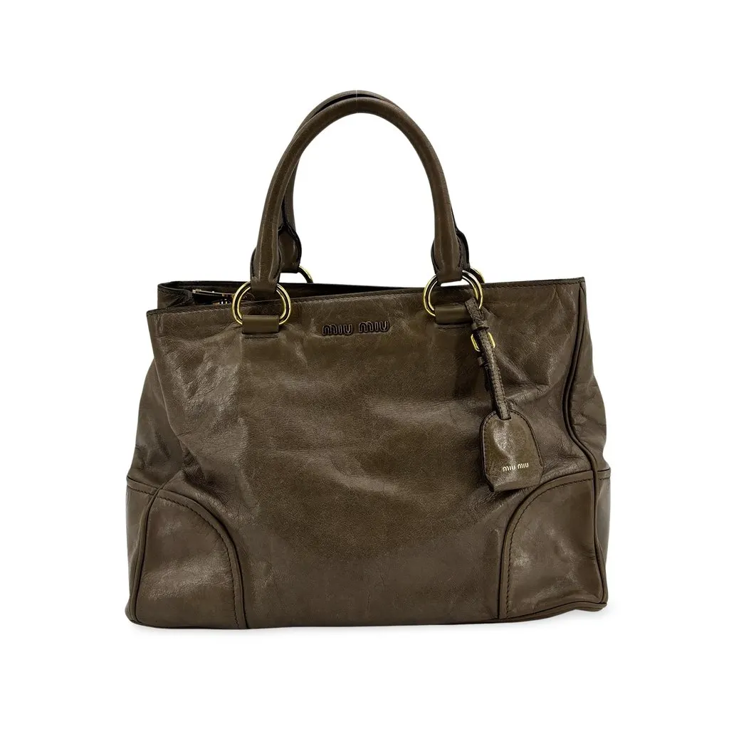 Miu Miu Vitello Shine Tote Bag Brown Brown Leather Good - Front View