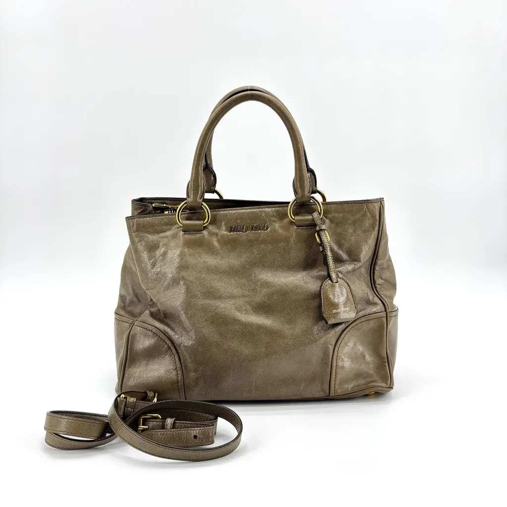 Miu Miu Vitello Shine Tote Bag Brown Brown Leather Good - Back View