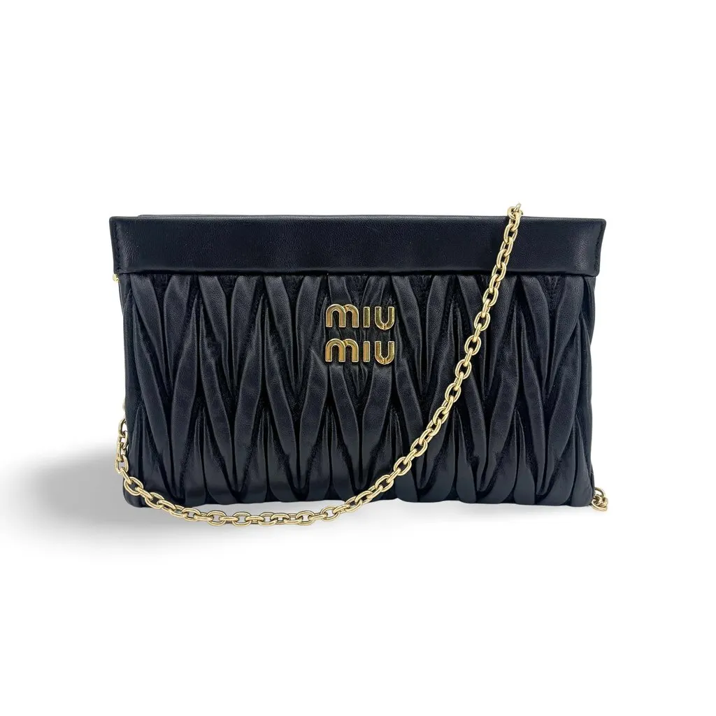 Miu Miu Matelasse Nappa Leather Chain Shoulder Bag Black Black Leather Good - Front View
