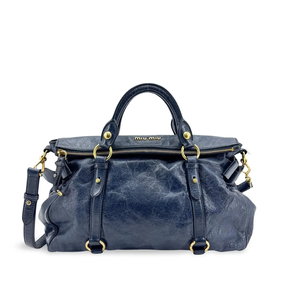 Miu Miu Vitello Lux Medium Bow Bag Navy Gold Leather Good - Front View