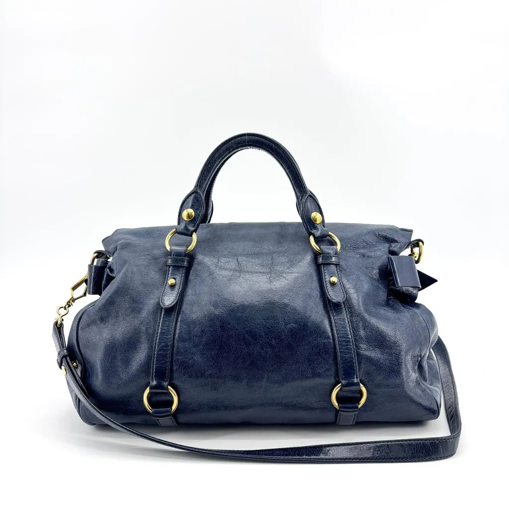 Miu Miu Vitello Lux Medium Bow Bag Navy Gold Leather Good - Back View