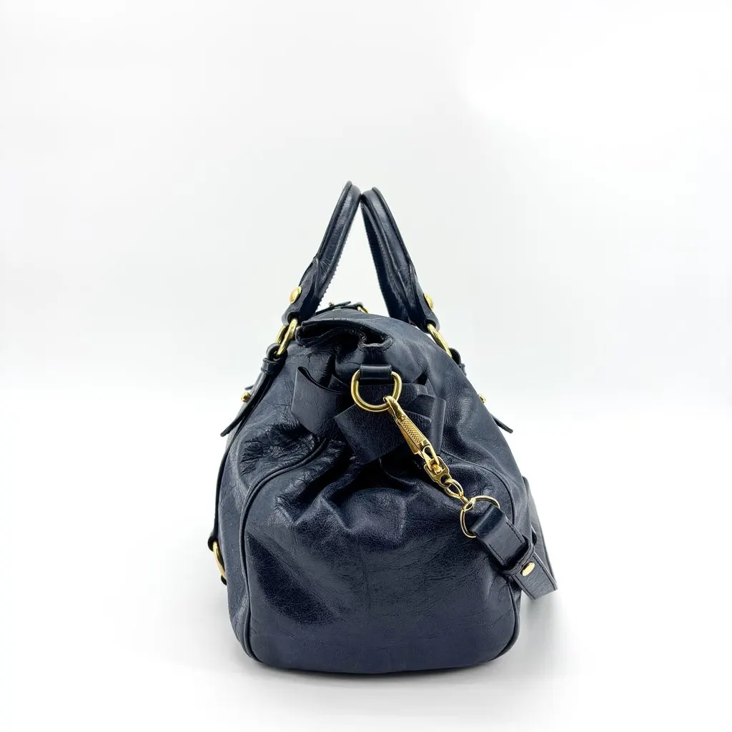 Miu Miu Vitello Lux Medium Bow Bag Navy Gold Leather Good - Inside View