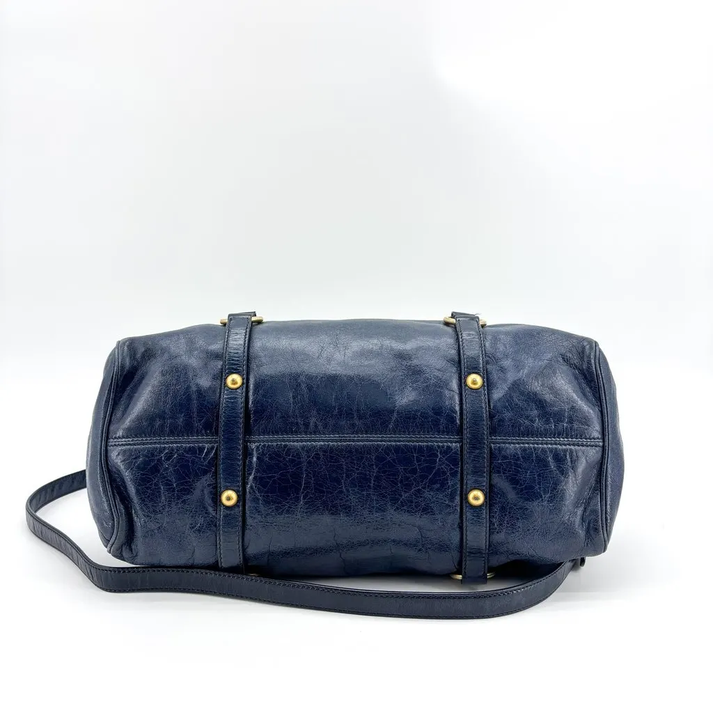 Miu Miu Vitello Lux Medium Bow Bag Navy Gold Leather Good - Box View