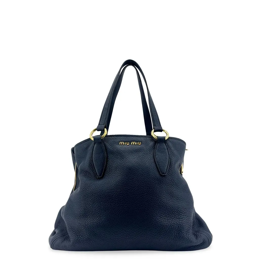 Miu Miu Vitello Daino Leather Tote Shoulder Bag Navy Leather Good - Front View